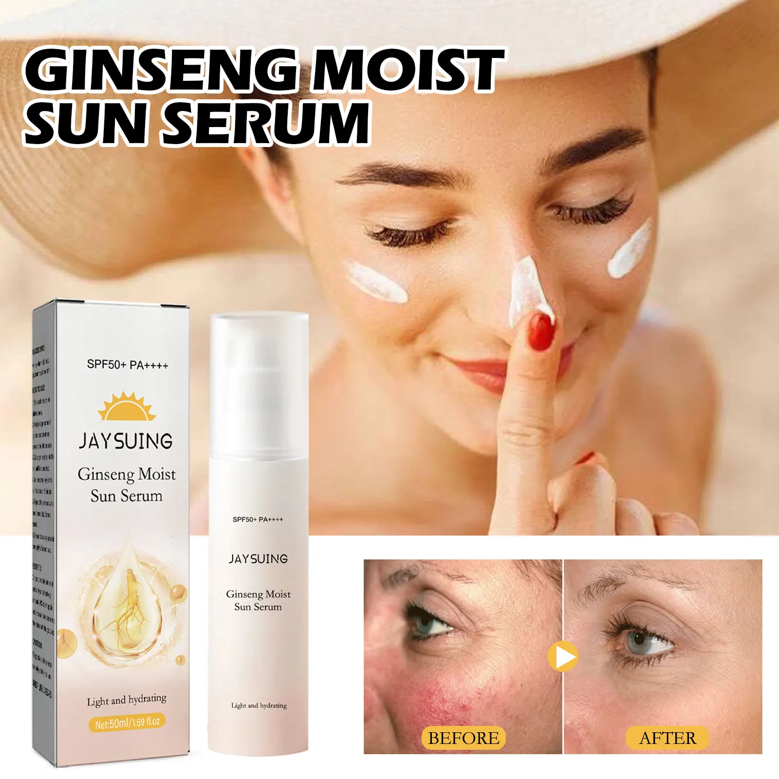 Jaysuing 50ml Ginseng moisturizing protective essence brightens skin, refreshing and non greasy SPF50 anti ultraviolet essence