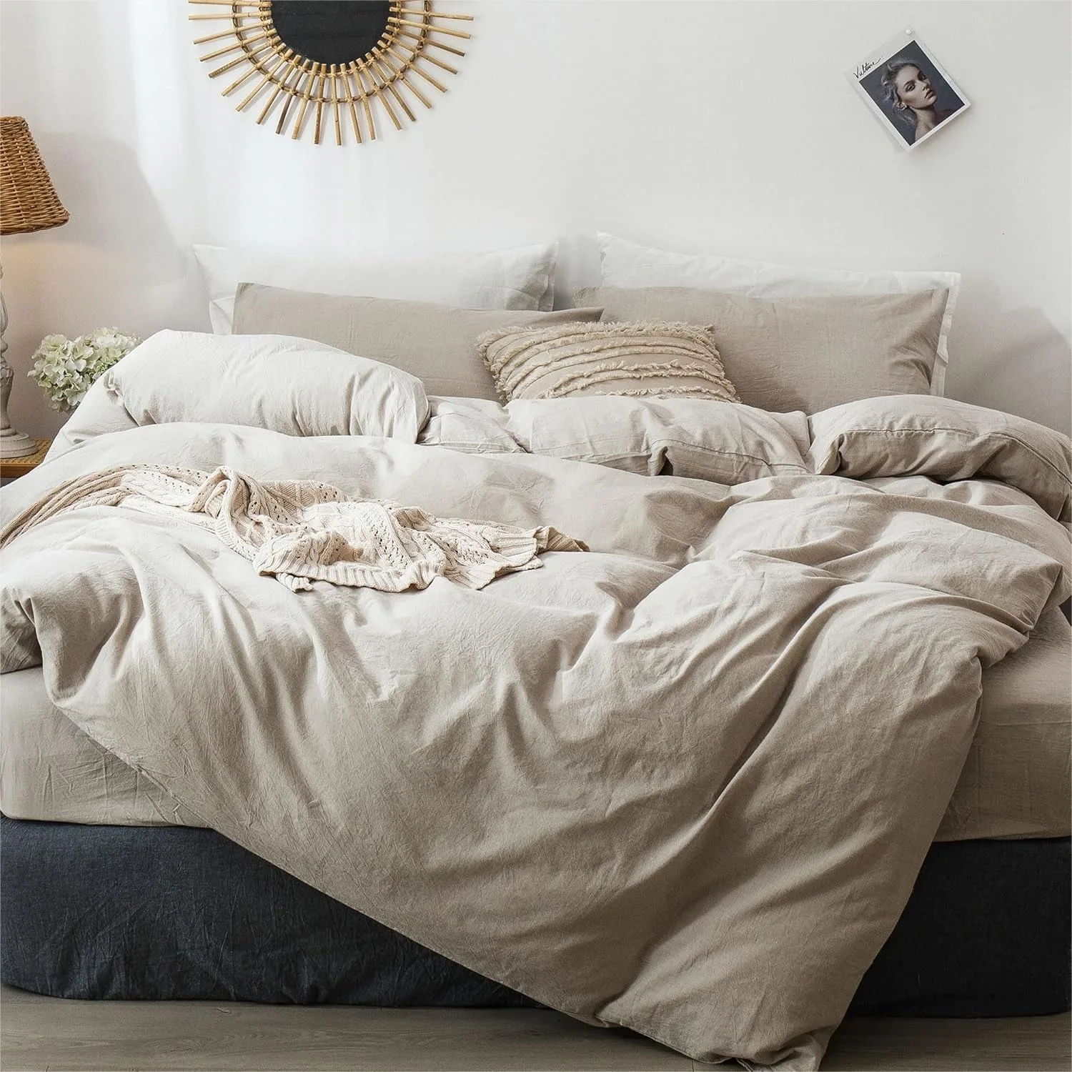 

Washed Cotton Duvet Cover Set Queen Soft Breathable Linen Like Texture with Hidden Zipper and Corner Ties for All Season