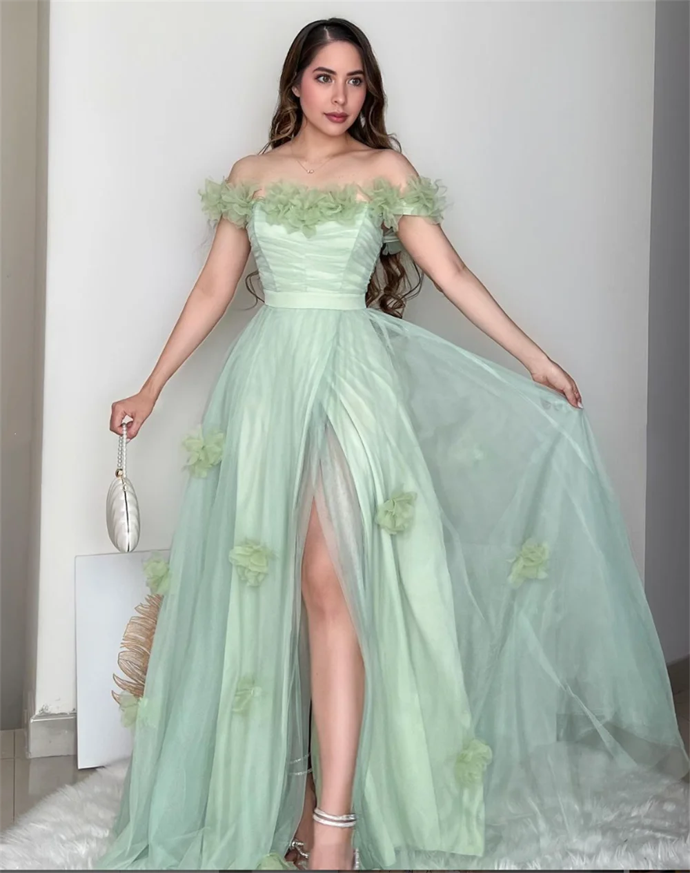 Jessica Light Green Prom Dresses Sweet Handmade Flowers Evening Dresses  Wedding Dress Formal Party Dresses Vestidos De Noche