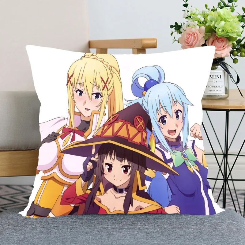 New Arrival Konosuba Anime Girl Pillowcase Bedroom Home Decorative Gift Pillow Cover Square Zipper Pillow Case Satin Fabric Soft