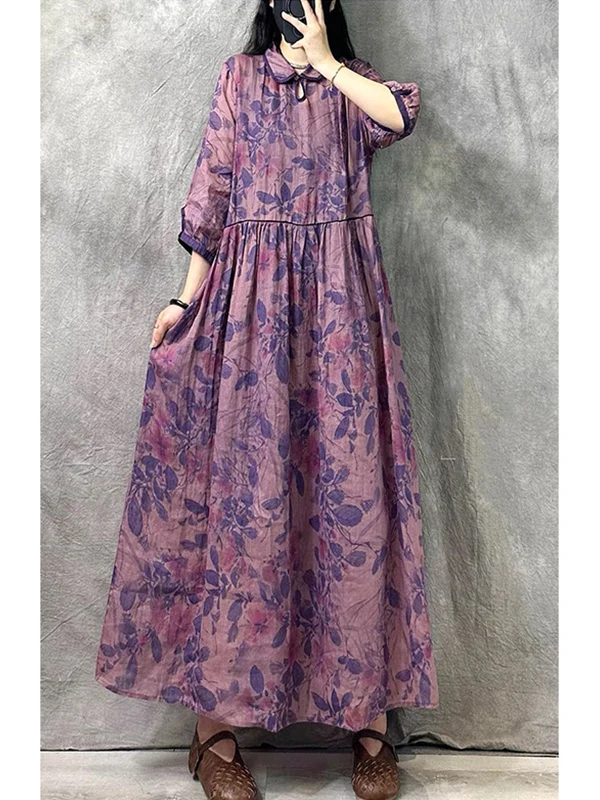 ชุดเดรสผ้าลินินพิมพ์ลายดอกไม้สไตล์วินเทจสำหรับผู้หญิง ทรงหลวม ผ้าฝ้ายผสมลินิน ช่วยพรางหุ่น กระดุมดีไซน์เก๋ ทรงเอไลน์