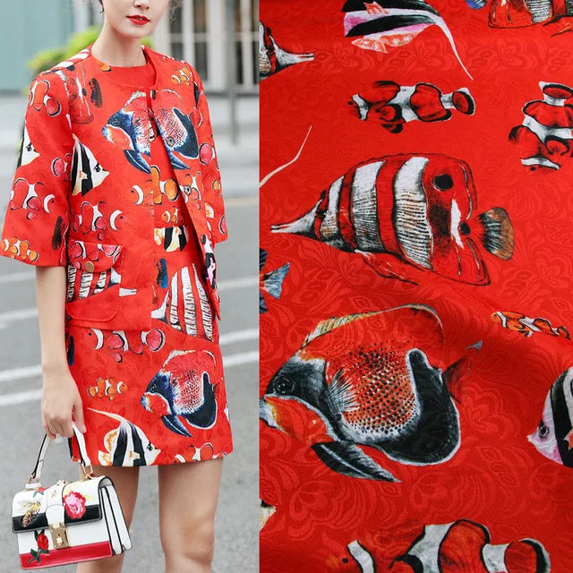 

Red Color Deep-sea Fish Pattern Printed Thin Jacquard Fabric For Women's Autumn Coat Dress DIY Clothing Sewing Material Fabric