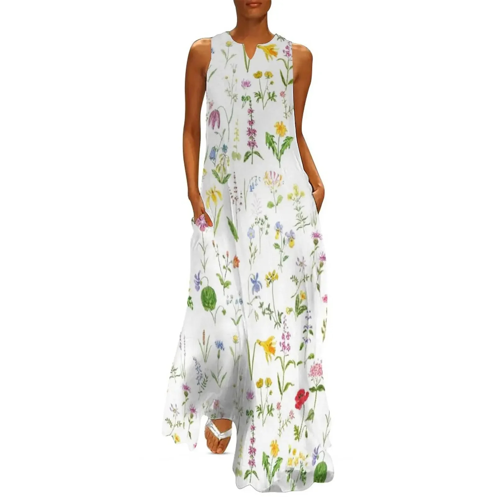 

botanical colorful countryside wildflowers watercolor painting Long Dress Long dress woman summer women's dress 2025