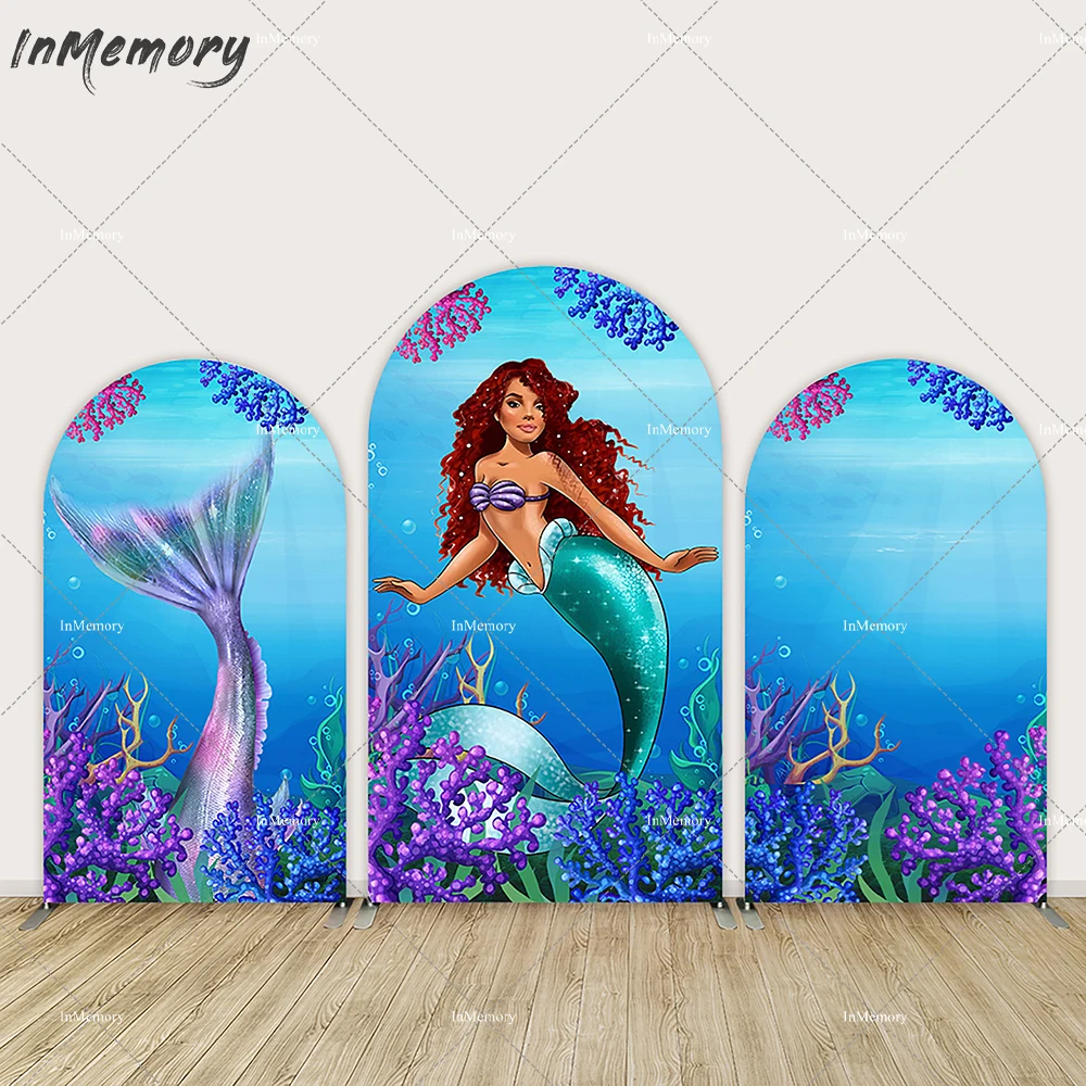 Black Ariel Mermaid Arch Cover Backdrop Wall for Children Birthday Party Decoration Undersea Corals Mermaid Tail Banner