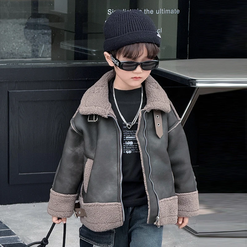 

Утепленная флисовая парка для мальчиков, осенне-зимняя куртка, детское кожаное пальто, осенняя одежда для малышей, хлопковая куртка