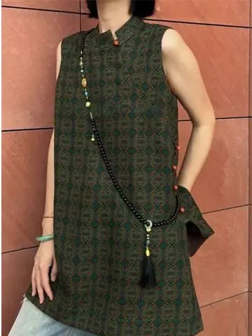 

plus Size 300 Pounds New Chinese Style Split Buttonless Women's Vest Summer Wearable Breathable Comfortable Mid-Length Geomet...