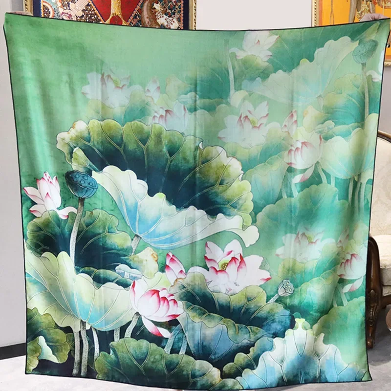 High-end Elegant Women's Exquisite Lotus Moonlight Double-sided Printing Quality Silk Wool Hand-rolled Edge Large Scarf Shawl