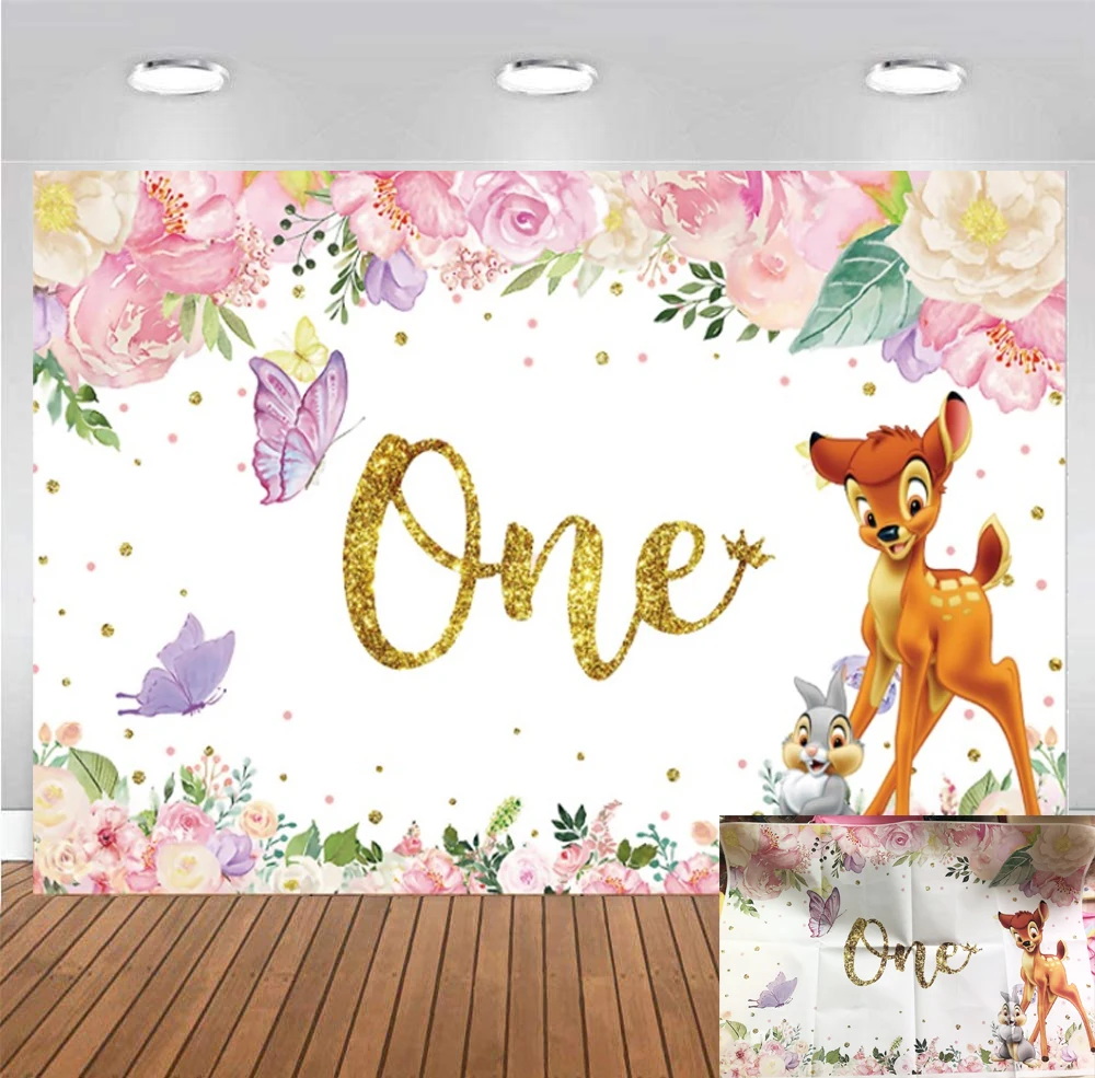 Disney Bambi One Backdrop For Girls 1st Birthday Party Baby Shower Flower Butterfly Photography Background Photo Decor Banner