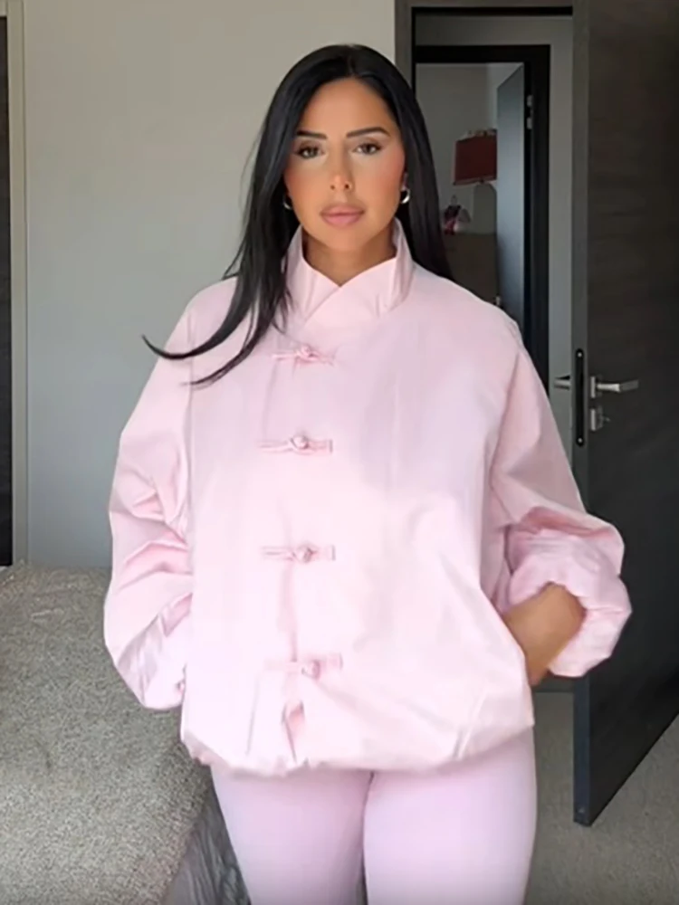 Schicke Jacke im chinesischen Stil mit tailliertem Schnitt, Stehkragen, Knöpfen, Ballonärmeln, lockerem Schnitt, neuer Streetwear für den Alltag im Herbst. – Detail 4