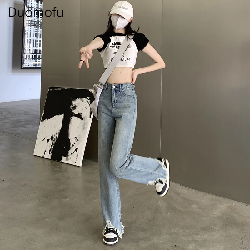 

Duomofu Light Blue Chicly Hollow Out Autumn New Women Jeans Basic Simple Casual Fashion Straight Slim Female High Waisted Jeans