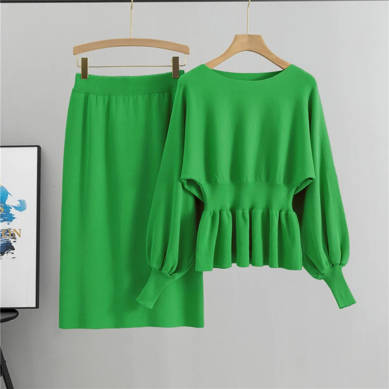 

Women Lantern Long Sleeves Crop Tops Fashion Casual Pullover Sweater Sexy High Waist Skirts Sets Autumn Elegant 2 Two Piece Set