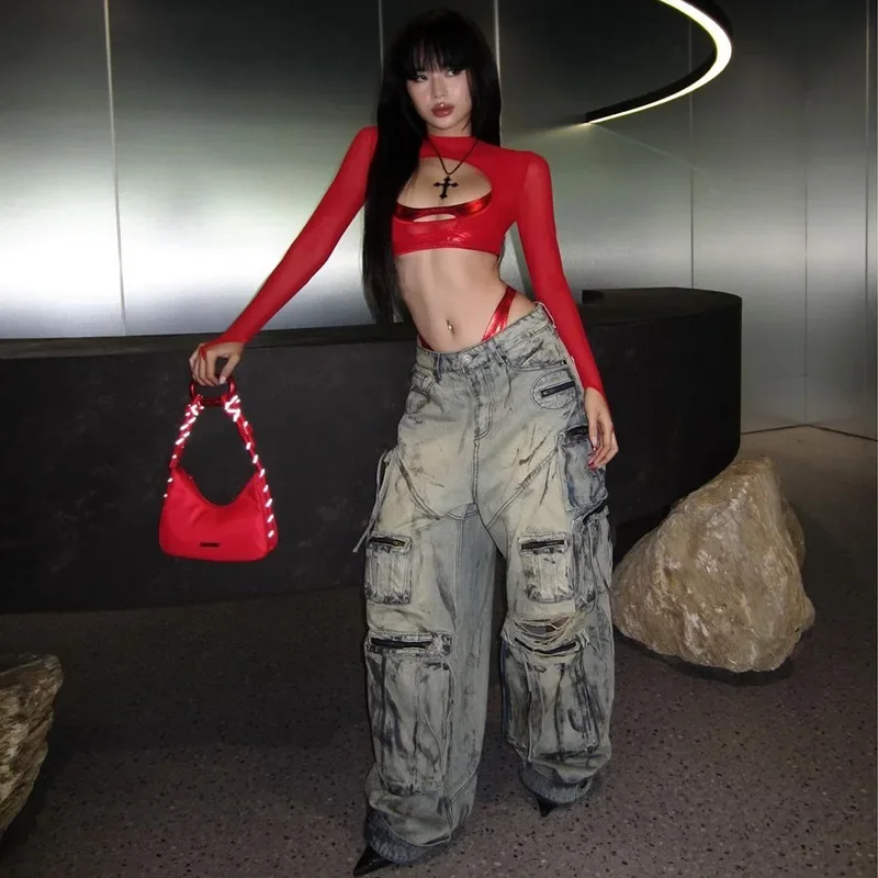 Hollow Out T Shirts For Women Mini 2 Pcs Set Rave Outfits Mesh Crop Top Skinny Camisole Ropa De Mujer See Through Y2k Clothes