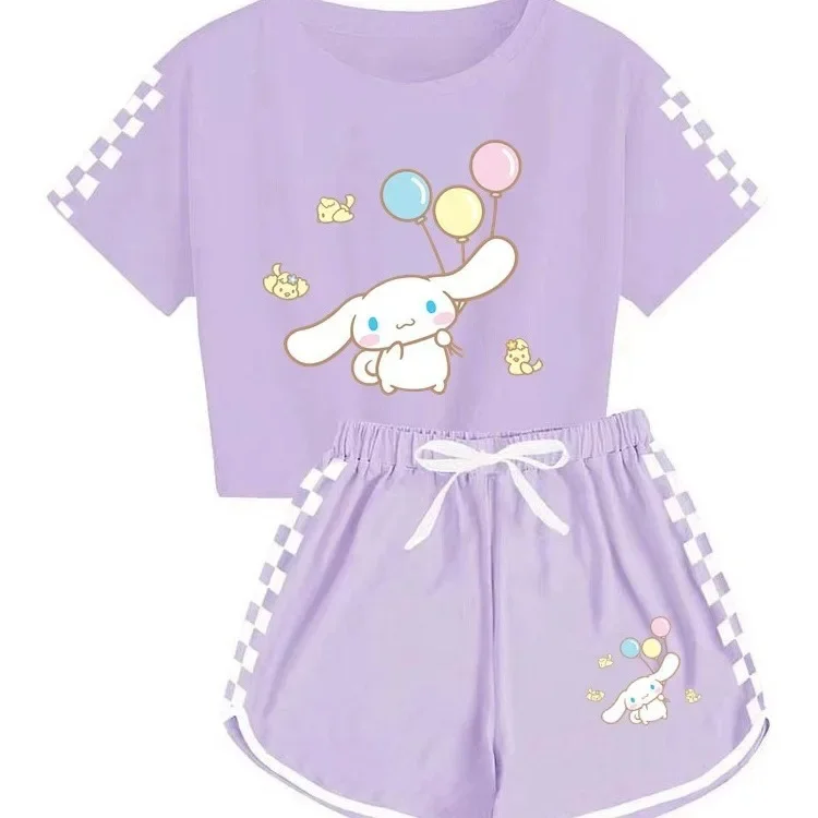 

New Kids Cinnamoroll Dog Short Sleeve Suit Cartoon Girls Boys Set Summer round neck Children's Wear Tops Shorts Baby Clothes