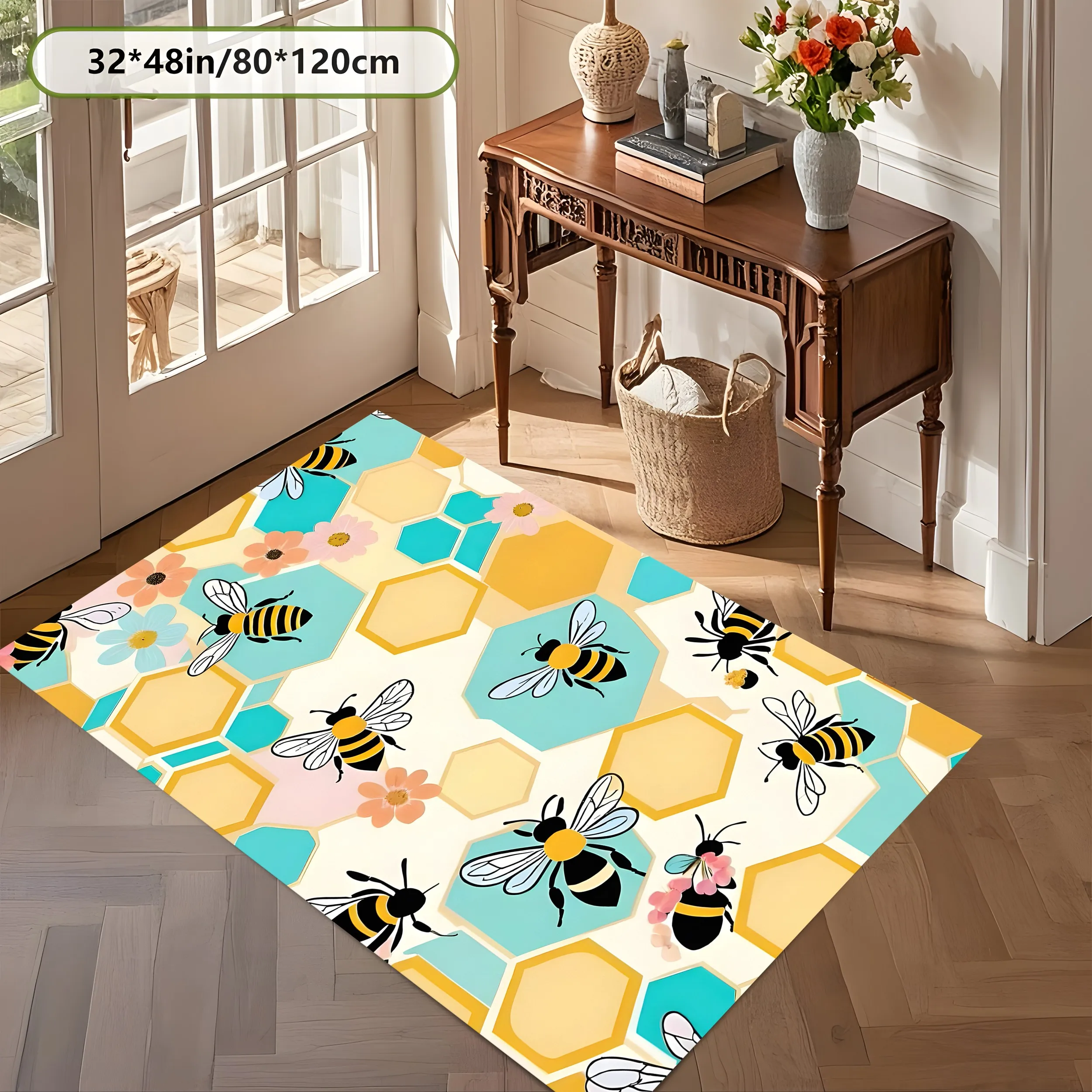 2D Large Carpet Cartoon Bee Hive Flower Fresh Bright for Living Room Bedroom Bedside