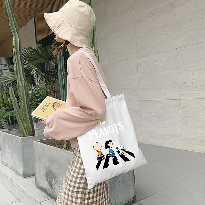 2024 Cartoon Snoopies Women\'s Canvas Shopping Bag Large Capacity Tote Bag Casual Ladies Hand Bags Shoulder Bag Women\'s Handbags