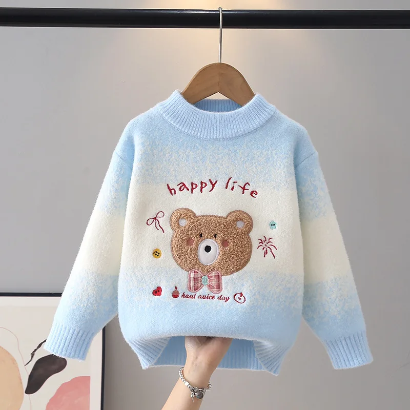 Little Girl Gradient Knit Sweater Cute Bear Embroidery Pullover Kids Soft Warm Long Sleeve Jumper Fall Winter Child Tops JY09201
