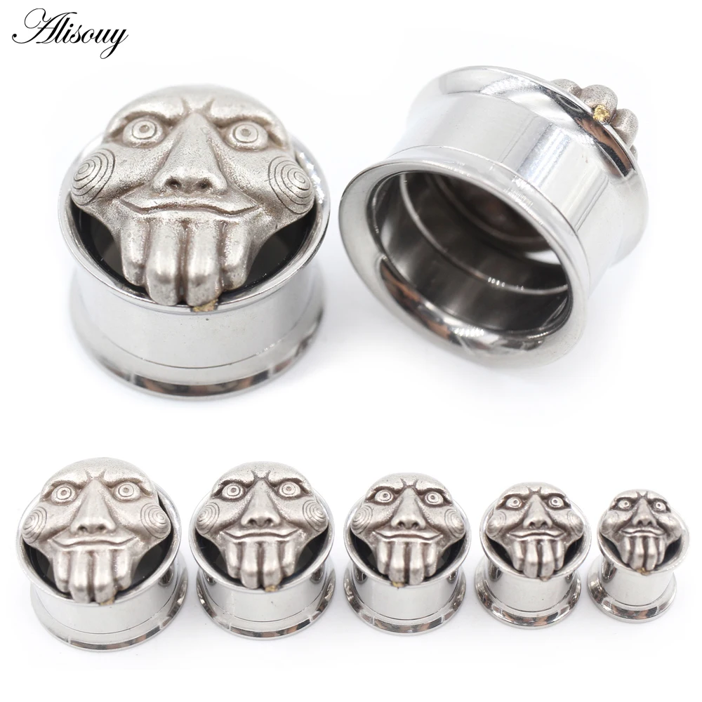 Alisouy 2PCS Stainless Steel Fear Face Threaded Ear Tunnels Plugs Expander Stretcher Flared Gauges Earring Piercing Body Jewelry