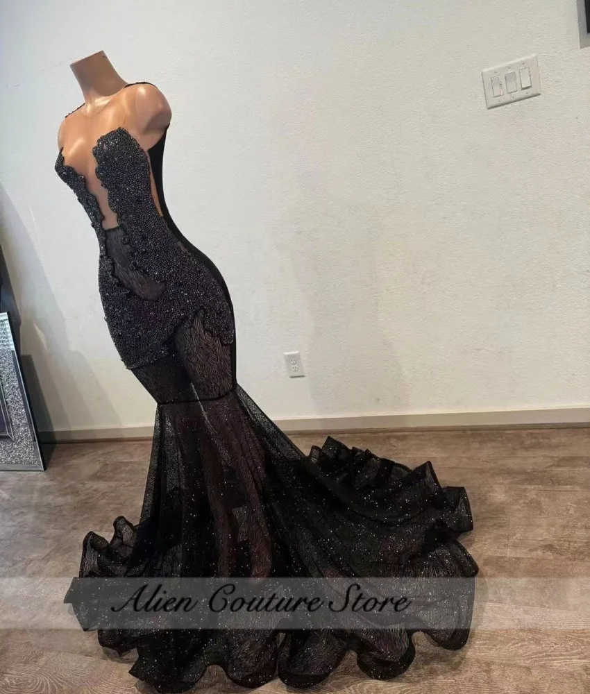 Sparkly Black Elegant Party Dresses Woman Beading Diamonds Crystal See-Thru Senior Birthday Party Dress 2024 Customized 