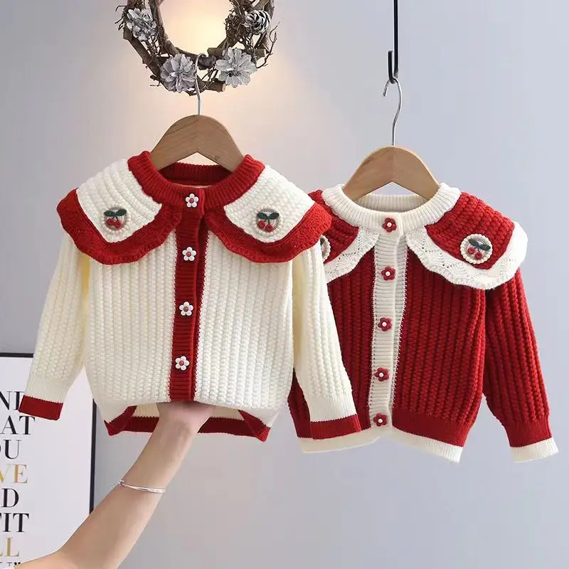 Girls Knitted Cardigan Sweater 2024 New Korean Version Outerwear Top Children\'s Baby Spring and Autumn Sweater Jacket