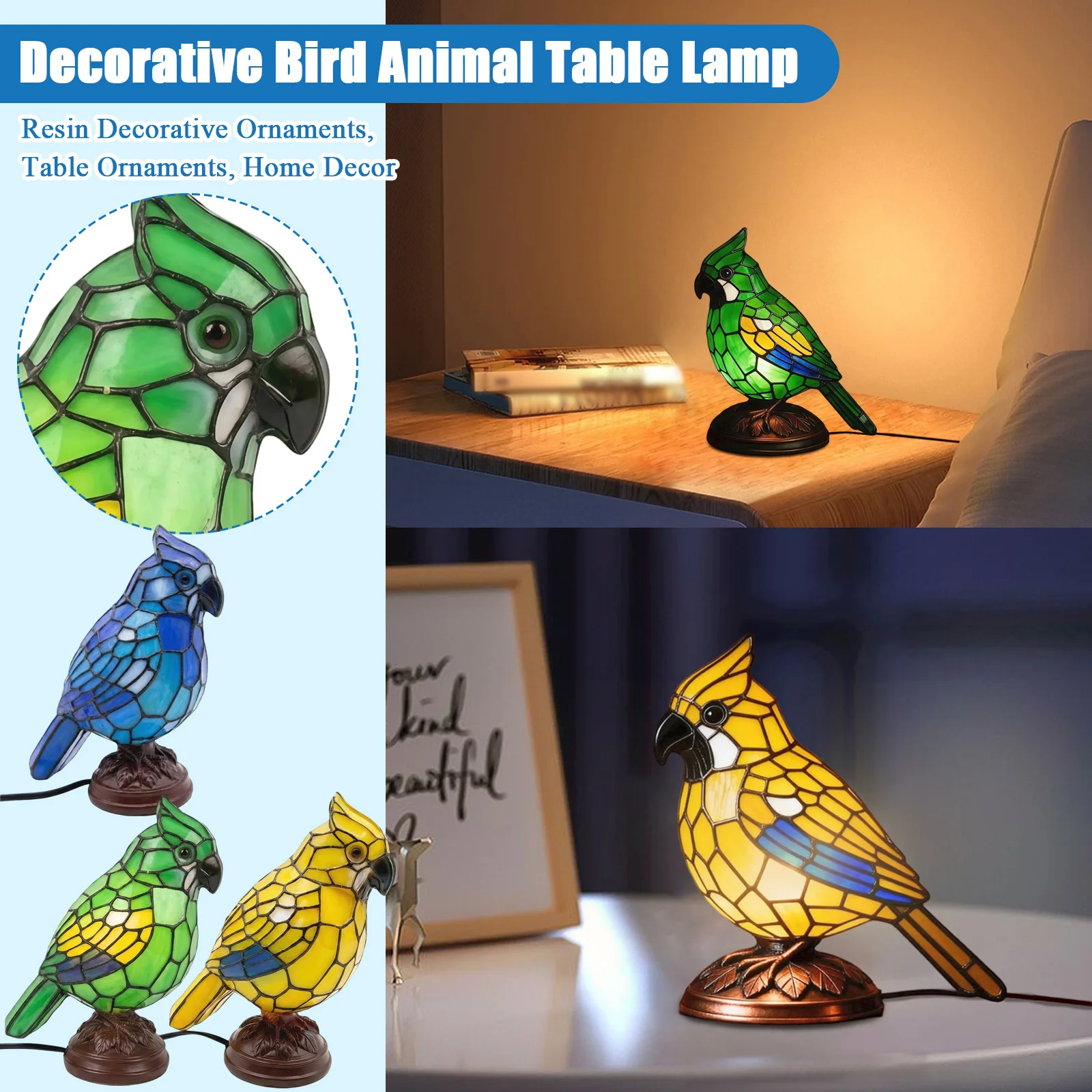 Stained Glass Bird Table Lamp Resin Decorative Animal Figurine with Wooden Base for Indoor Use Bedroom Living Room Lighting