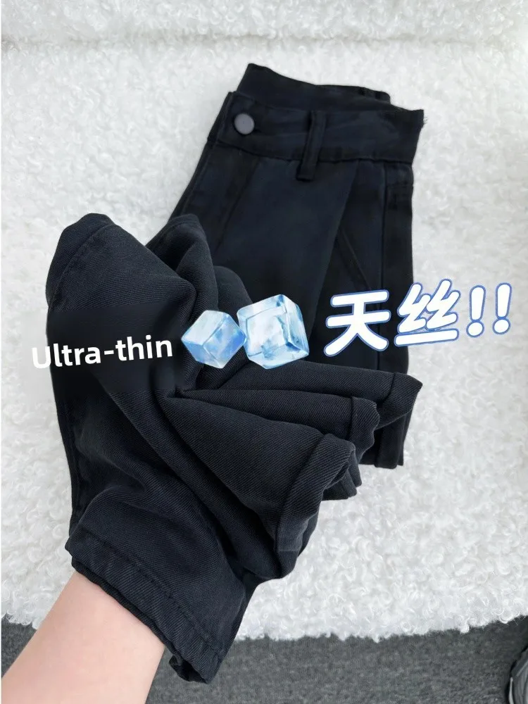 

plus Size Thin Ice Silk Denim Jeans High Waist Loose Wide Leg Pants Women's Spring Faion Slimming Straight Leg Trousers