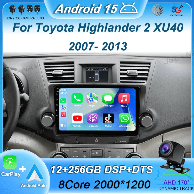 Android 16 4G LTE Carplay DSP Car Radio For Toyota Highlander 2 XU40 2007 - 2013 Stereo Multimedia Video Player Auto Navigation