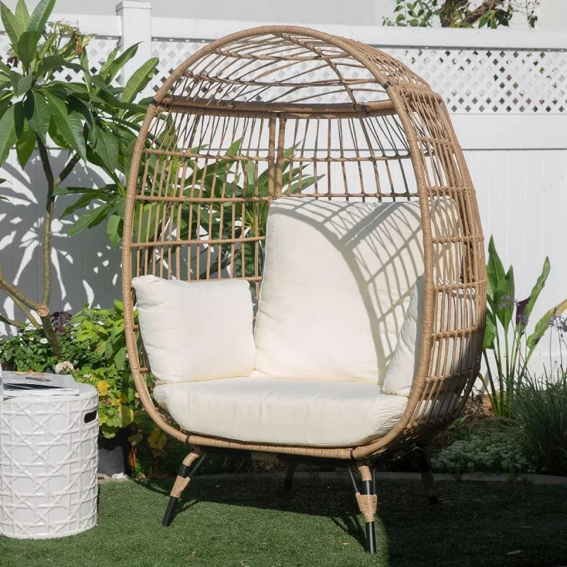 Oversized Egg Chair Cushion Wicker Basket Canopy Stationary Seat Patio , Beige