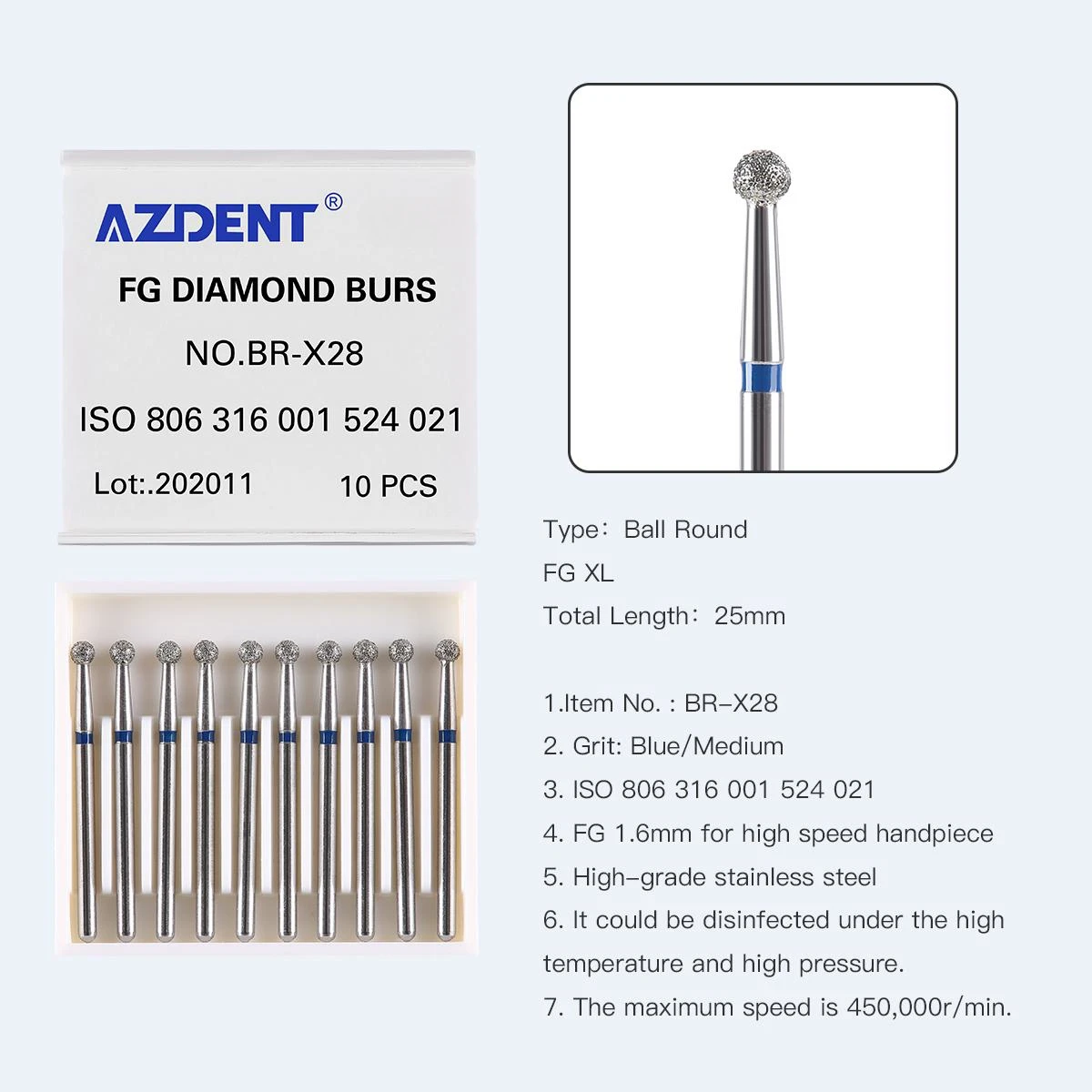 AZDENT 10 Pcs/pack Dental Diamond Bur Ball Round Stainless Steel Bur 25mm FG 1.6mm for High Speed Handpiece 450000r/min