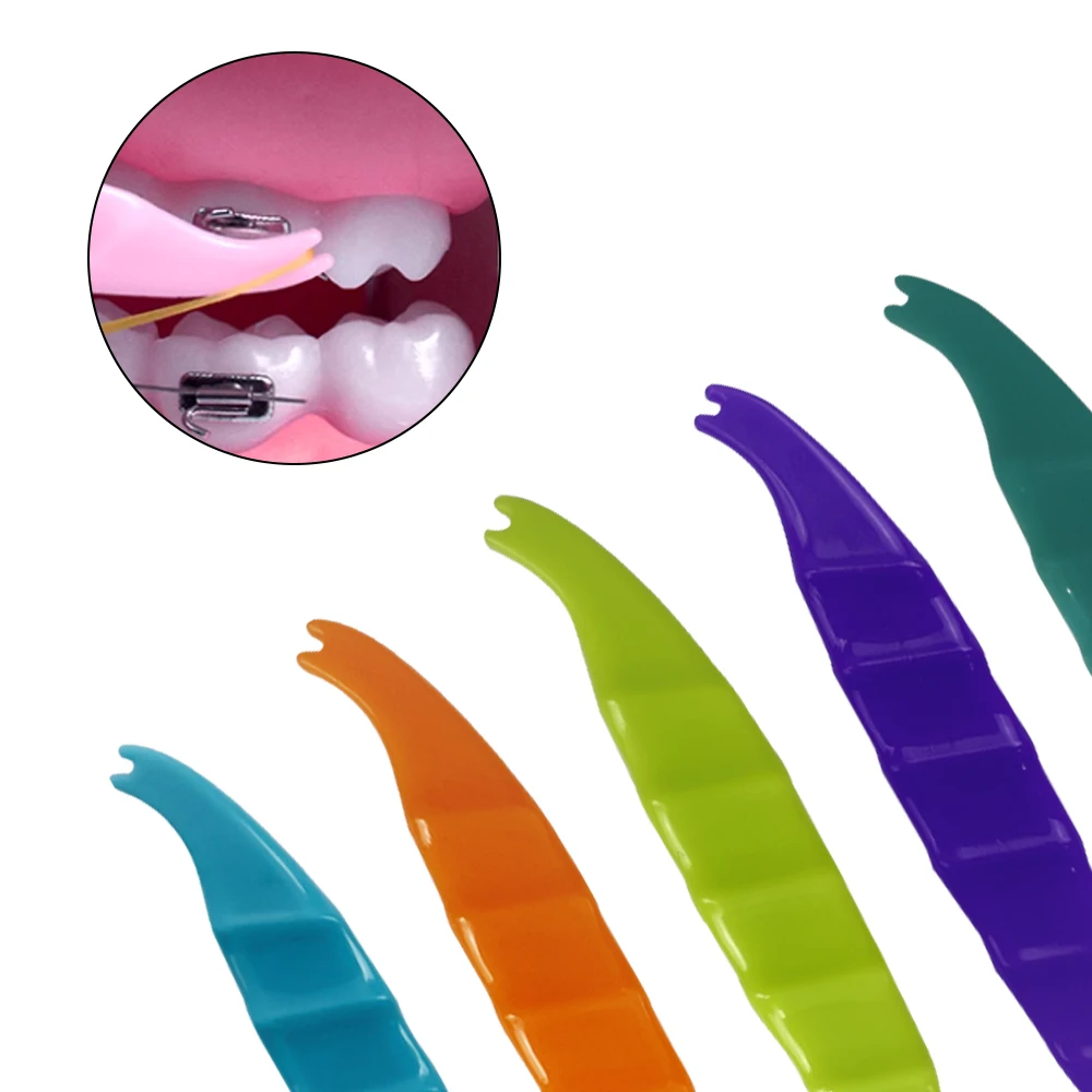 50Pcs Mixed Color Dental Orthodontic Disposable Elastic Rubber Bands Extractor Placing Hook Elastomeric Ligature Ties Placer