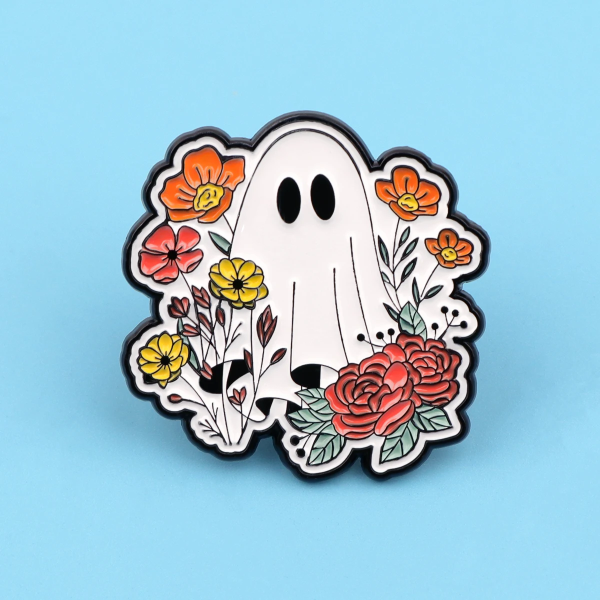 Cute Flowers Ghost Badges on Backpack Enamel Pin Brooches for Women Lapel Pins Halloween Jewelry Cosplay Accessories Toys Gift