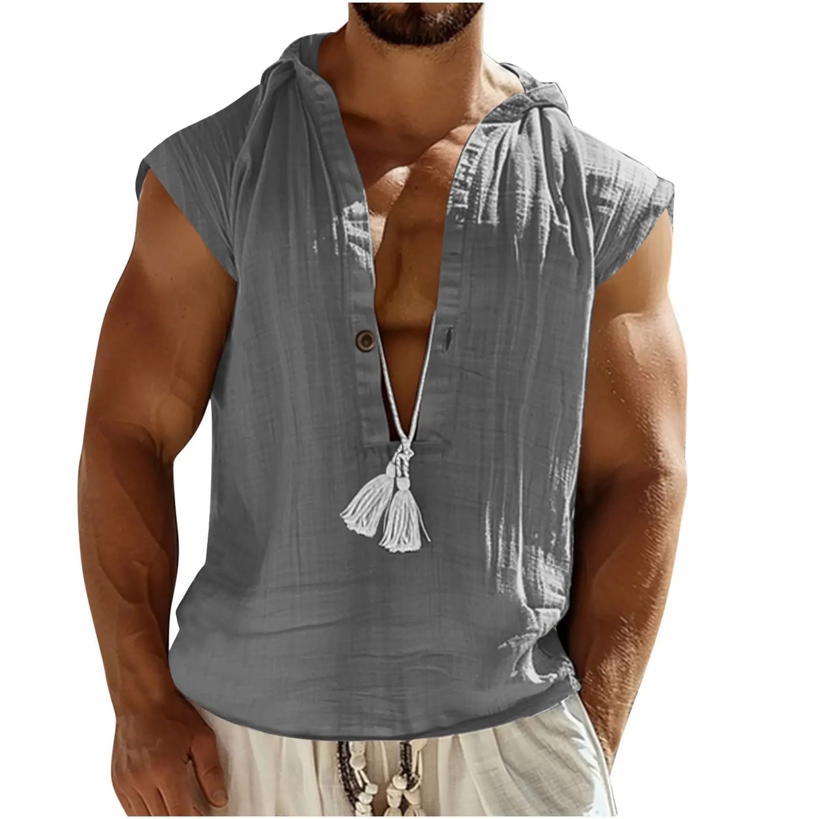 Linen Vintage Men Sleeveless Deep V Neck T-Shirts 2026 Summer Casual Men Loose Hooded Vest Shirt