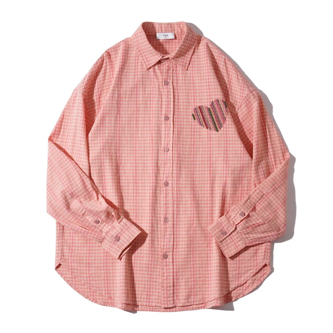 New autumn and winter designer trendy brand loose thin small checkered embroidered long-sleeved shirt for men, wrinkle-free