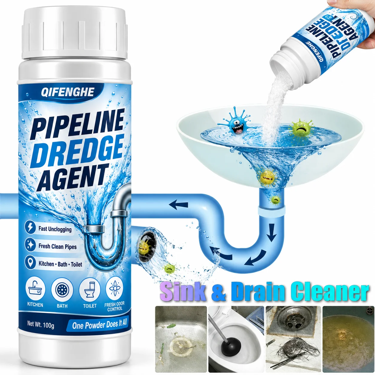 High Efficiency Sink Drain Cleaner Clog Remover Kitchen Sewer Power Pipe Channel Powder - Powerful Cleaning Tool for Home view 3