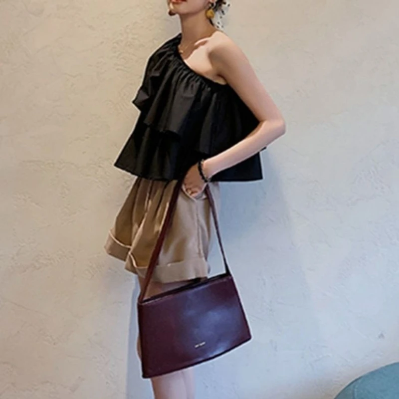 

Slant Shoulder Shirt Women's Summer Off-the-shoulder Design Single Shoulder Sleeveless Ruffle Top