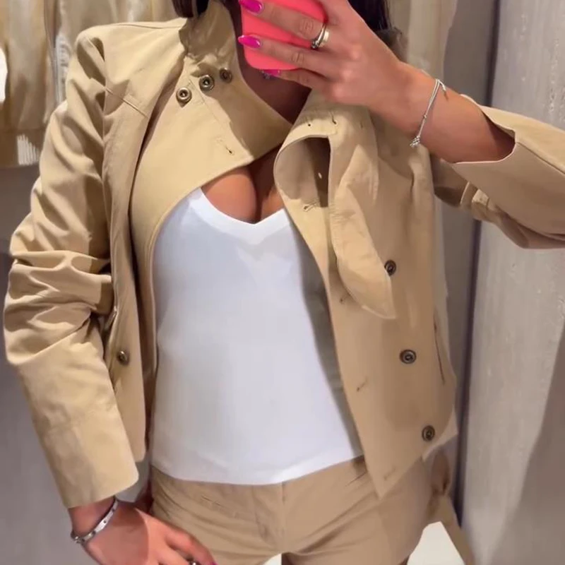 Damenjacken mit Stehkragen, Langen Ärmeln, Doppelreihigen Taschen, Frühlings- und Herbstmäntel, Einfarbig, Locker Geschnitten, Safari-Stil, Neue Oberbekleidung – Detail 8