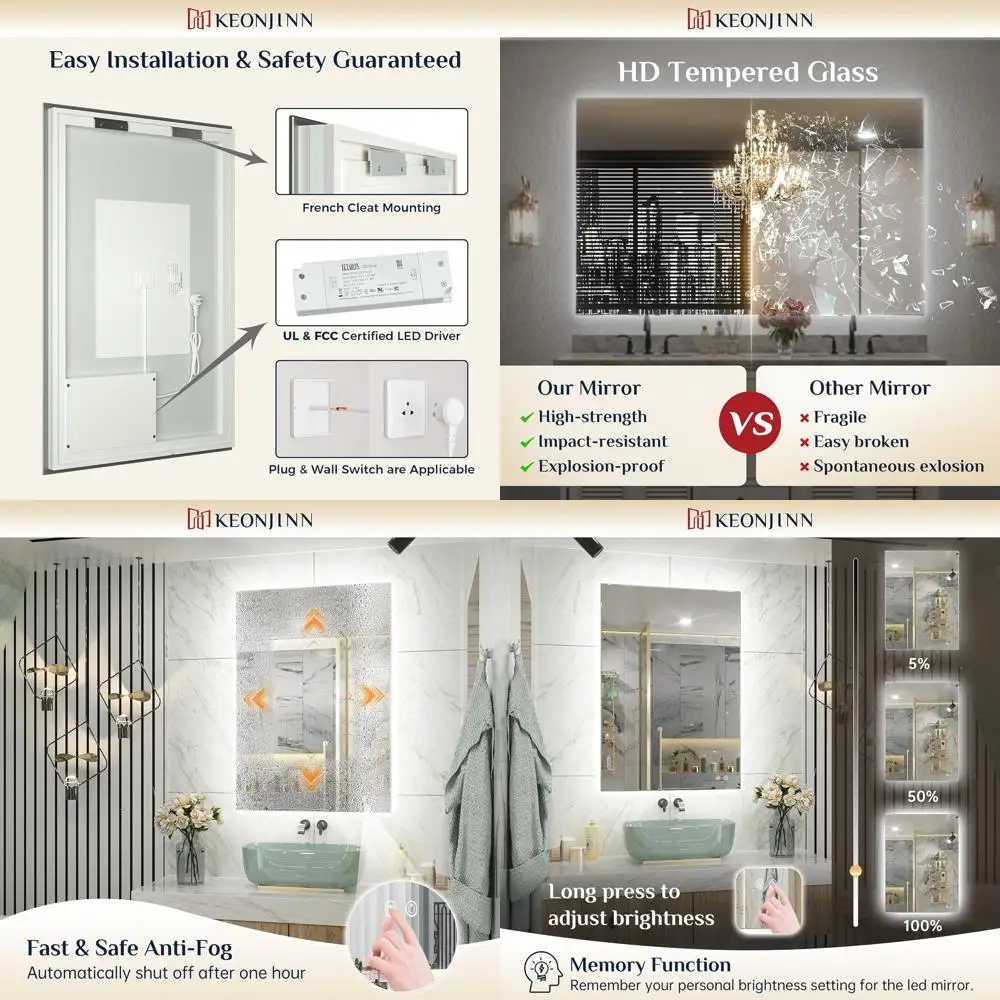 

20 x 28 LED Illuminated Bathroom Mirror, Anti-Fog, High Definition Tempered Glass, Waterproof, UL Certified, Step-Dimmable, High