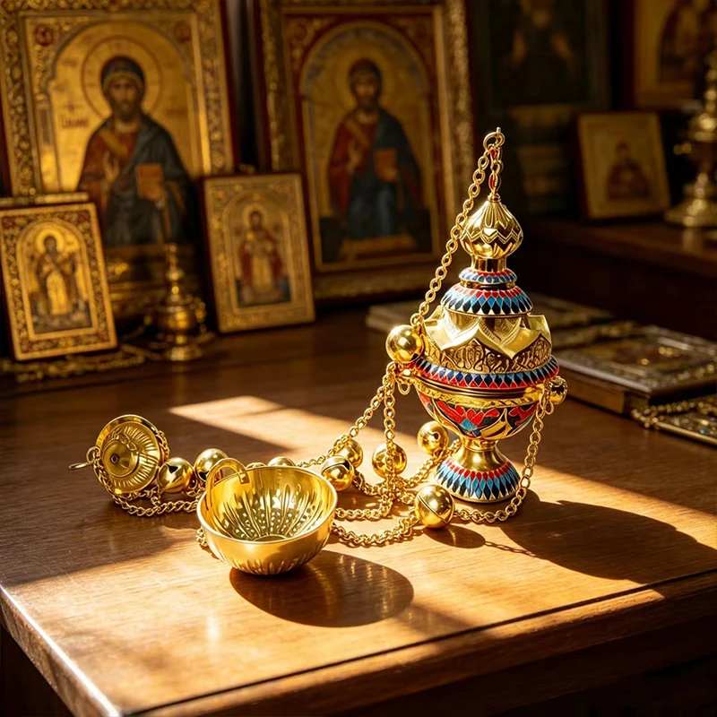 Neuer vergoldeter Emaille-orthodoxer Weihrauchbrenner mit Kette und Glocken für Kirchenliturgie, Segnung und religiöse Zeremonien – Detail 4