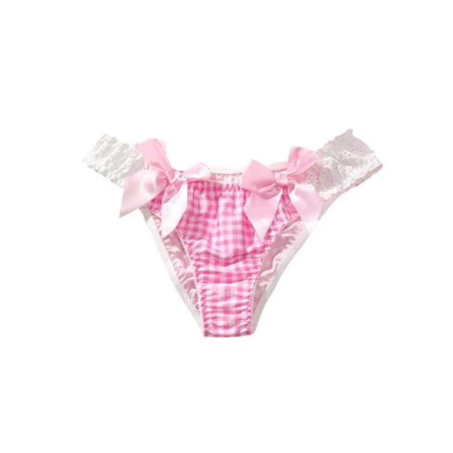 

WDIRARA Women's Bow Gingham Satin Briefs Lace Trim Cute Low Rise Panties Underwear