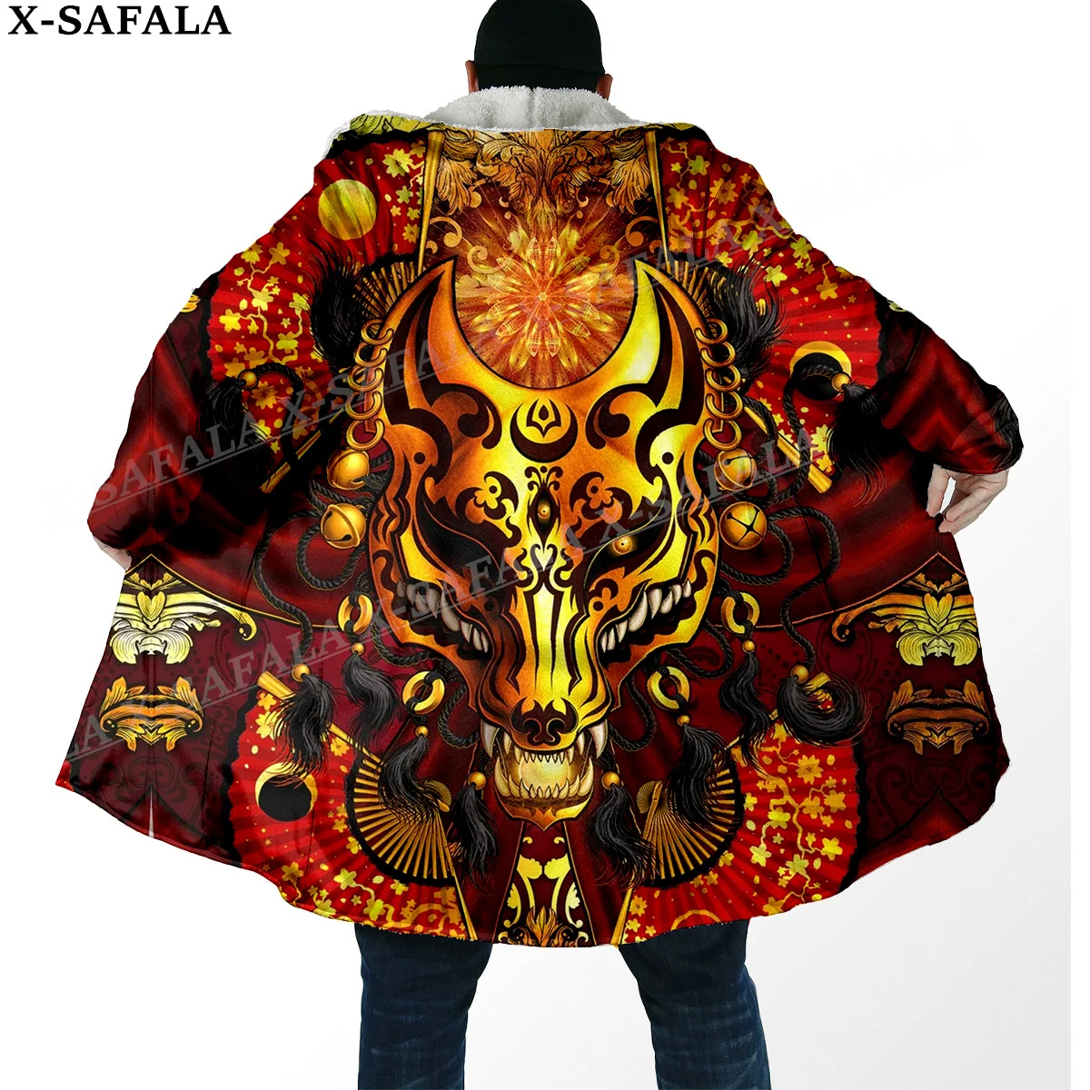 Japanese Fox Anime Kitsune Masks Print Thick Warm Hooded Cloak Men Overcoat Coat Windproof Fleece Cape Robe Hooded Blanket-5