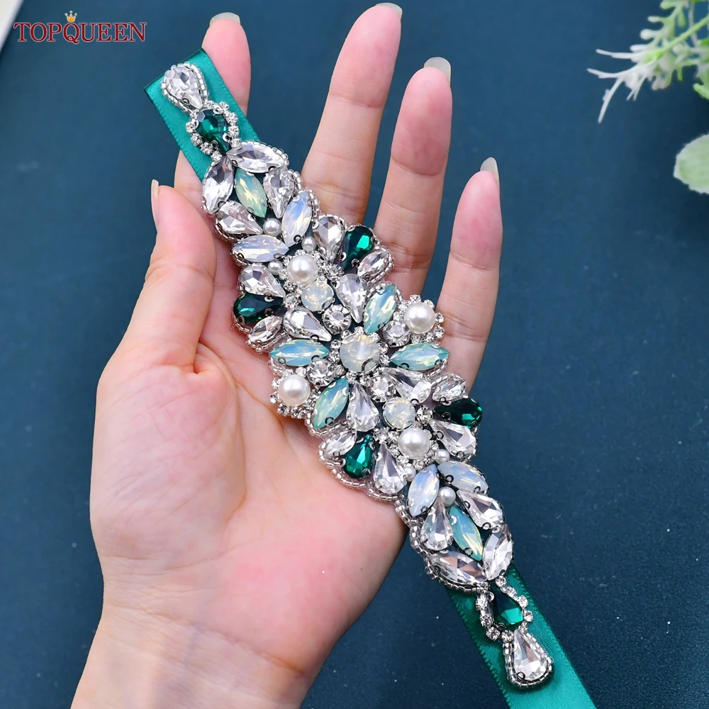 TOPQUEEN-Cinturón de novia con diamantes de imitación, faja decorativa hecha a mano con cuentas para vestidos de noche formales, color verde, S443