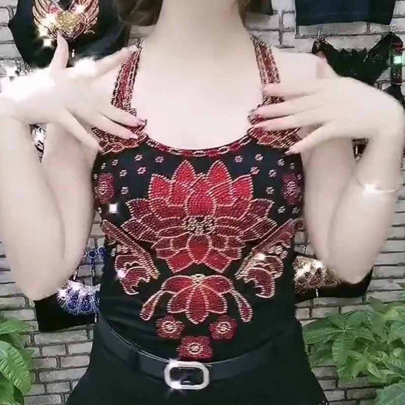 Women Sexy Shining Lotus Flower Camisoles Slim Simulated Diamond Inlay Tank Tops New Fashion Sexy Elastic Party Club Clothing