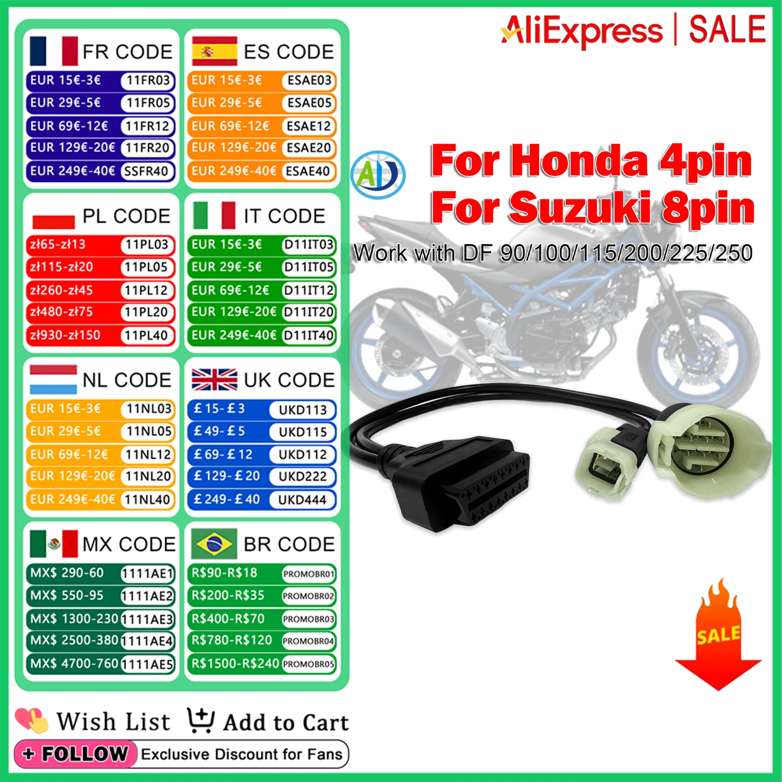 

Motorcycle OBD Connector for Honda 4pin Suzuki 8pin Outboard Boat Diagnostic Adapter For DF 100/115/140/150/175/200/225/250/300