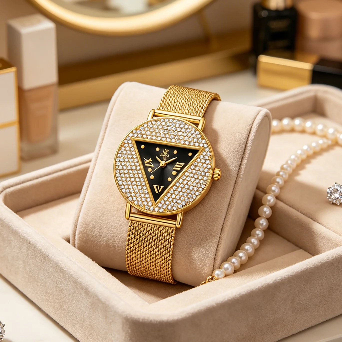 YaLaLuSi Unique Triangle Black Dial Women Watch Full Rhinestone Bezel Gold Mesh Strap Quartz Wristwatch Luxury Ladies Dress Watch Jewelry Gift Reloj Mujer