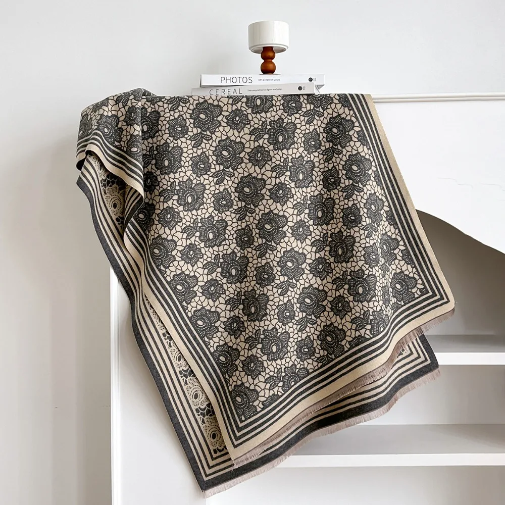 

Cozy Luxury Imitation Cashmere Scarf Flower Pattern Two-Sided Winter Shawl Windproof Thick Warmth Blanket Scarf Winter Season