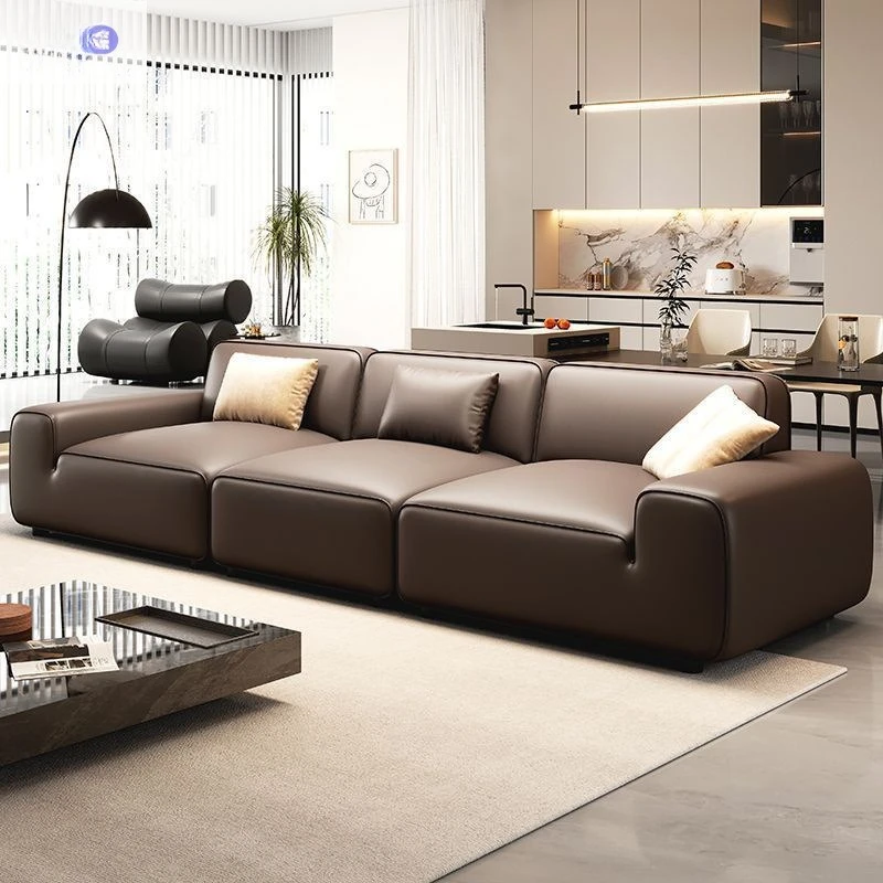 

Italian minimalist big black cow ecological leather sofa living room preferred pine bottom frame tofu block design soft first la