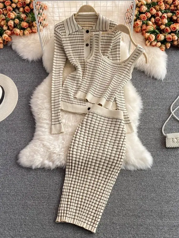 

Korean Fashion Knitting 3 Pieces Set Women Knitted Sling + Cardigan And Pencil Skirts Casual Simple Office Lady Skirt Suits