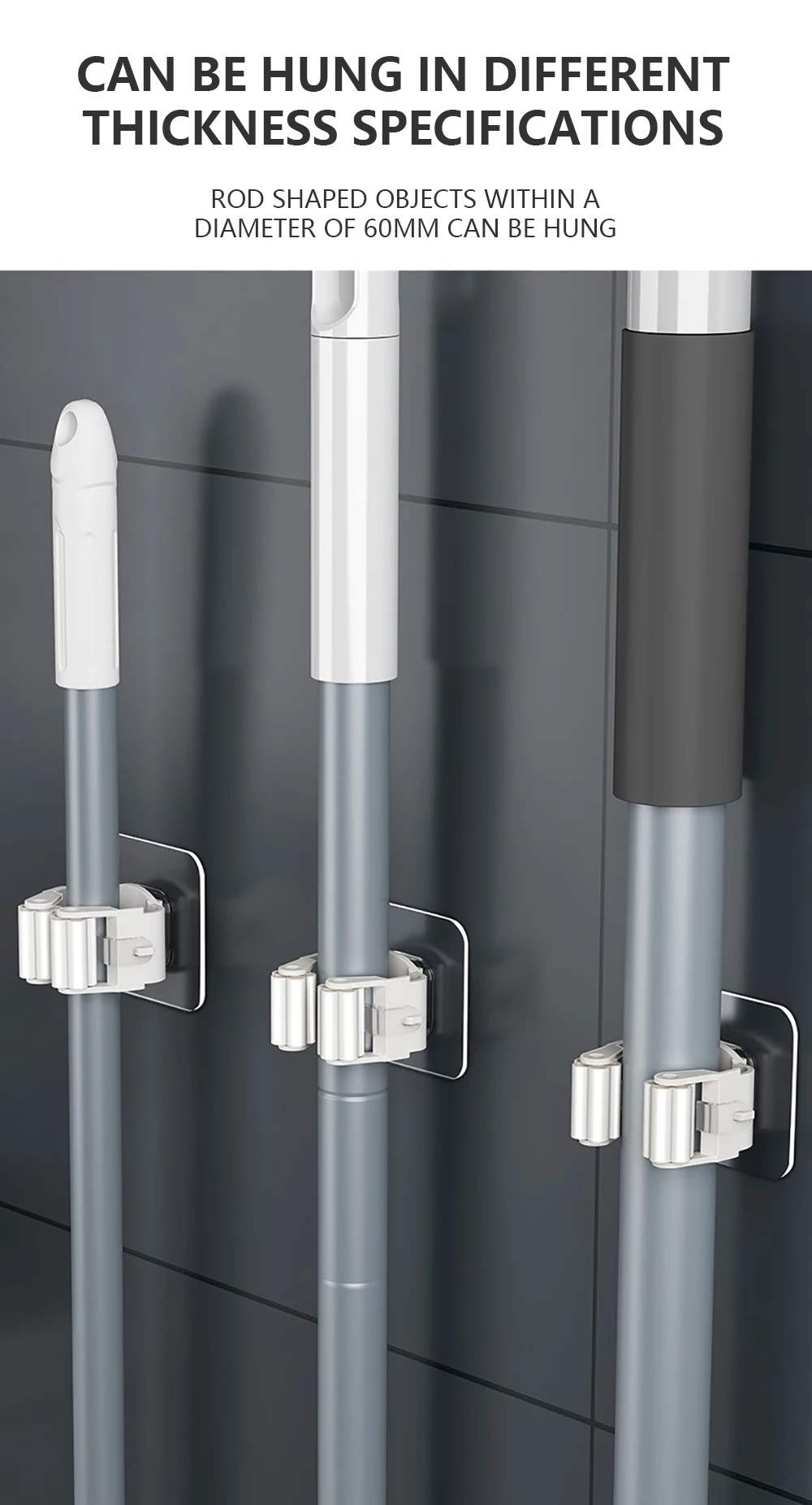 Wandmontierter, wasserdichter Mopphalter mit Saugnapf – Spurloser Besen- und Mopphänger für Badezimmer, Weiß – Detail 9