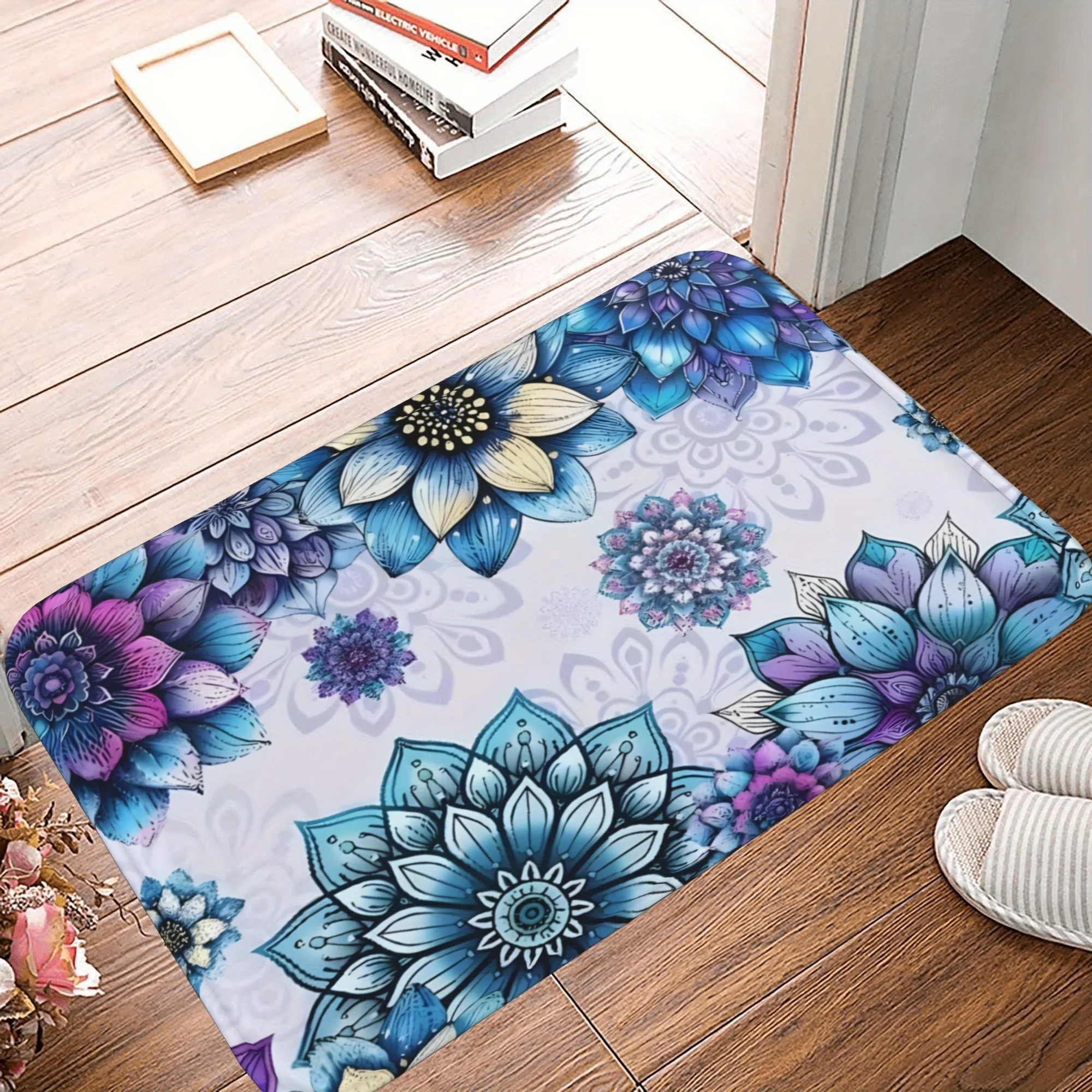 

1PC Bule Flower Pattern Kitchen Rug Non-Slip Door Mat Pop design Bathroom Rug Bath Mat Carpet for Home Sink Laundry Decor