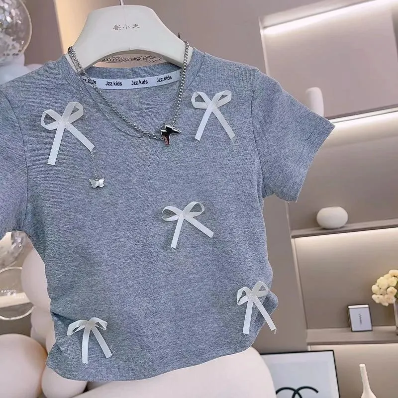 Baby Girl Cotton Bow Short Sleeve T-shirt Summer Autumn Infant Toddler Child Pullover Casual Sweatshirt Baby Clothes 18M-7Y