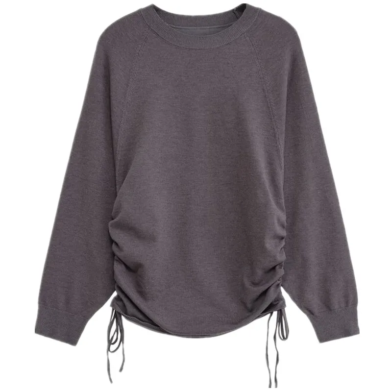 بلوفر نسائي جديد لخريف 2025، فضفاض وبسيط، محبوك بأكمام طويلة وياقة مستديرة مع حزام، تصميم أنيق بأسلوب أساسي